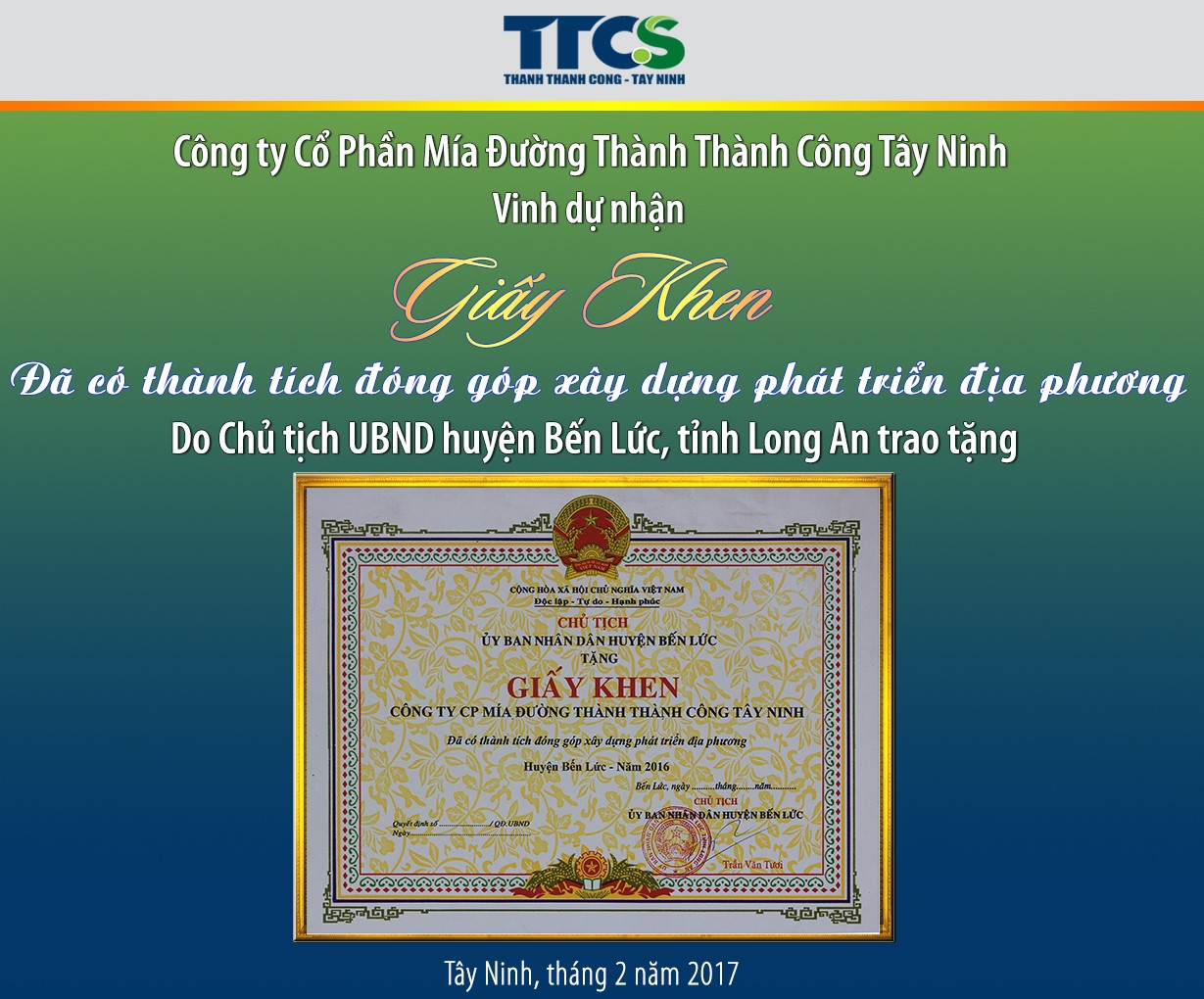 TTCS nhận giấy khen của UBND Huyện Bến Lức, tỉnh Long An tháng 02/2017